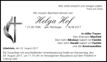 Traueranzeige von Helga Hof von Neue Presse Coburg