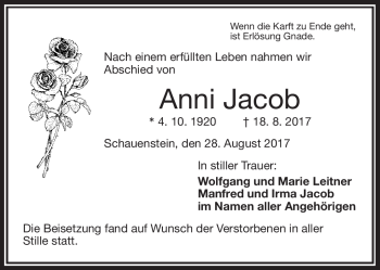 Traueranzeige von Anni Jacob von Frankenpost