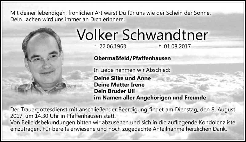  Traueranzeige für Volker Schwandtner vom 05.08.2017 aus Südthüringer Presse