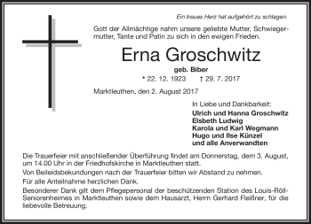 Traueranzeige von Erna Groschwitz von Frankenpost