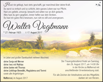 Traueranzeige von Walter Vogtmann von Südthüringer Presse