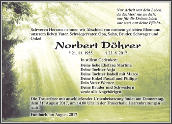 Traueranzeige von Norbert Döhrer von Südthüringer Presse
