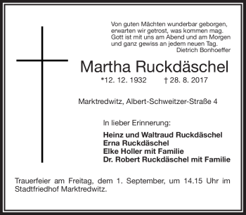 Traueranzeige von Martha Ruckdäschel von Frankenpost