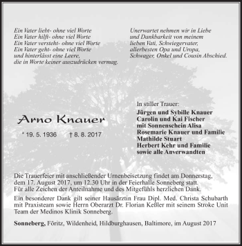 Traueranzeige von Arno Knauer von Südthüringer Presse