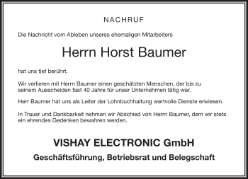 Traueranzeige von Horst Baumer von Frankenpost