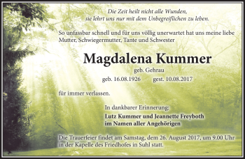 Traueranzeige von Magdalena Kummer von Südthüringer Presse