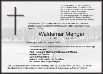 Traueranzeige von Waldemar Menger von Frankenpost