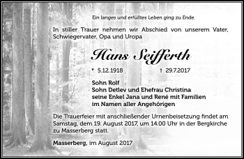 Traueranzeige von Hans Seifferth von Südthüringer Presse