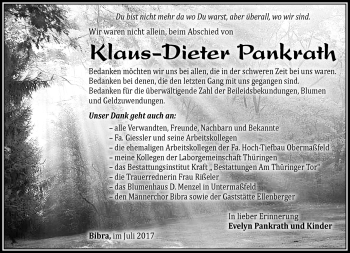 Traueranzeige von Klaus-Dieter Pankrath von Südthüringer Presse