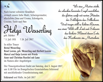 Traueranzeige von Helga Wesserling von Südthüringer Presse