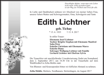 Traueranzeige von Edith Lichtner von Südthüringer Presse