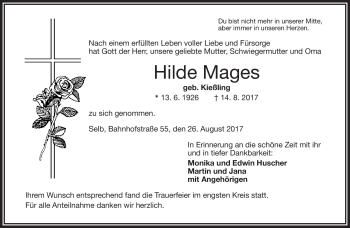 Traueranzeige von Hilde Mages von Frankenpost