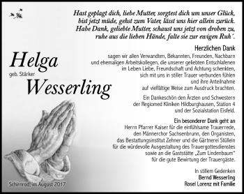 Traueranzeige von Helga Wesserling von Südthüringer Presse