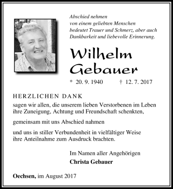 Traueranzeige von Wilhelm Gebauer von Südthüringer Presse