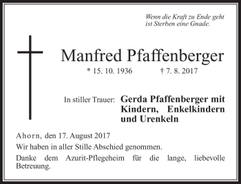 Traueranzeige von Manfred Pfaffenberger von Neue Presse Coburg