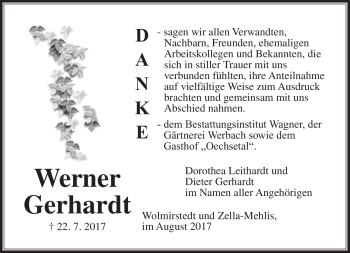 Traueranzeige von Werner Gerhardt von Südthüringer Presse