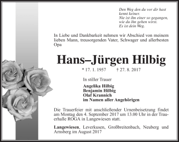 Traueranzeige von Hans-Jürgen Hilbig von Südthüringer Presse