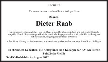 Traueranzeige von Dieter Raab von Südthüringer Presse
