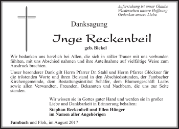 Traueranzeige von Inge Reckenbeil von Südthüringer Presse