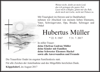 Traueranzeige von Hubertus Müller von Südthüringer Presse