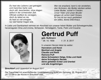 Traueranzeige von Gertrud Puff von Neue Presse Coburg
