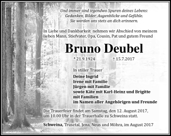Traueranzeige von Bruno Deubel von Südthüringer Presse