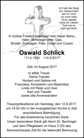 Traueranzeige von Oswald Schlick von Frankenpost