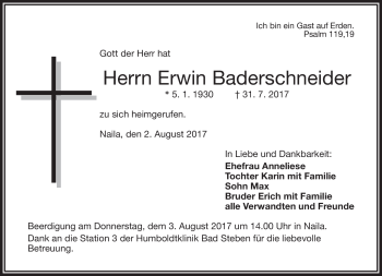Traueranzeige von Erwin Baderschneider von Frankenpost