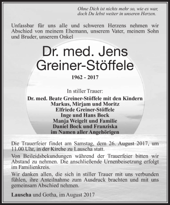 Traueranzeige von Jens Greiner-Stöffele von Südthüringer Presse