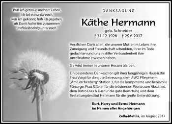 Traueranzeige von Käthe Hermann von Südthüringer Presse