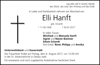 Traueranzeige von Elli Hanft von Neue Presse Coburg
