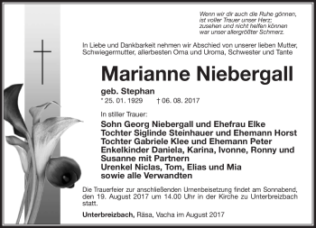 Traueranzeige von Marianne Niebergall von Südthüringer Presse