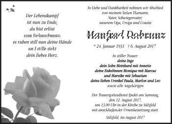 Traueranzeige von Manfred Dobrunz von Südthüringer Presse