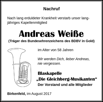 Traueranzeige von Weiße Andreas von Südthüringer Presse