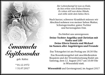 Traueranzeige von Emanuela Gajtkowska von Südthüringer Presse