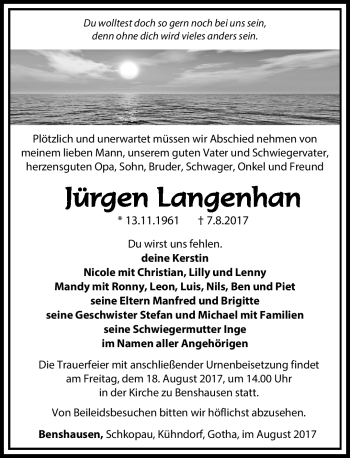 Traueranzeige von Jürgen Langenhan von Südthüringer Presse