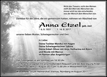 Traueranzeige von Anna Etzel von Südthüringer Presse