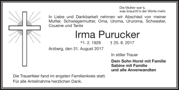 Traueranzeige von Irma Purucker von Frankenpost