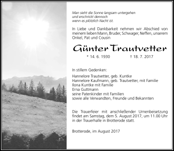Traueranzeige von Günter Trautvetter von Südthüringer Presse