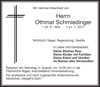 Traueranzeige von Othmar Schmiedinger von Frankenpost