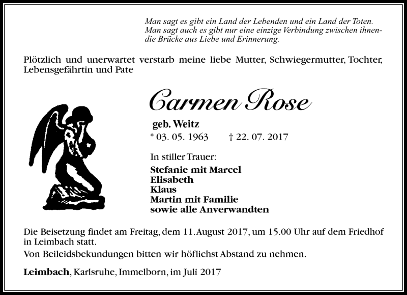  Traueranzeige für Carmen Rose vom 05.08.2017 aus Südthüringer Presse