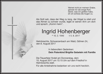 Traueranzeige von Ingrid Hohenberger von Frankenpost