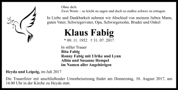 Traueranzeige von Klaus Fabig von Südthüringer Presse