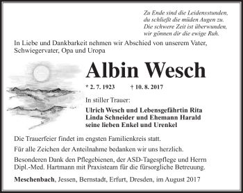 Traueranzeige von Albin Wesch von Südthüringer Presse