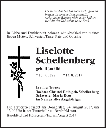 Traueranzeige von Liselotte Schellenberg von Südthüringer Presse