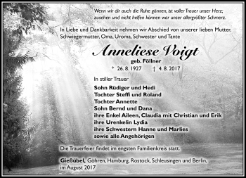 Traueranzeige von Anneliese Voigt von Südthüringer Presse