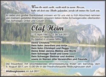 Traueranzeige von Olaf Heim von Südthüringer Presse