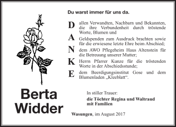 Traueranzeige von Berta Widder von Südthüringer Presse