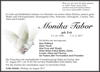 Traueranzeige von Monika Tabor von Südthüringer Presse