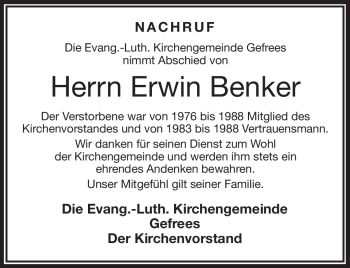 Traueranzeige von Erwin Benker von Frankenpost
